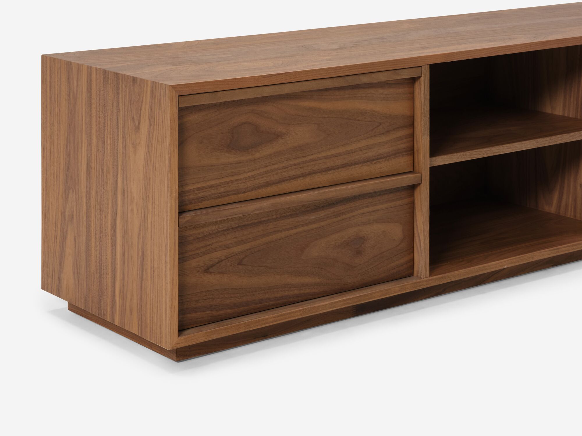 Modern walnut tv stand left detail view